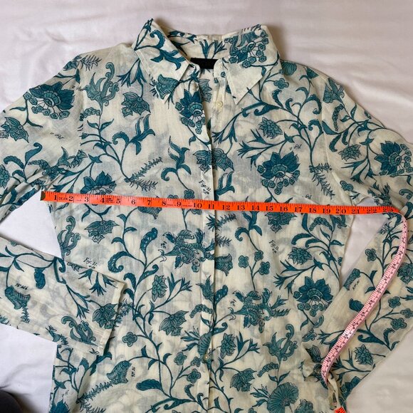 IKKS French Floral Linen Blouse Size L Long Sleeves Gauzy Collared Button Down - Picture 4 of 7